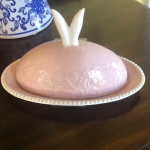 Pink Ceramic Butter Dish with Bunny Lid New